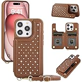 Jcxtrombulous for iPhone 15 Pro Max Wallet Case with Card Holder Slots and Strap, RFID Blocking Magnetic Flip Folio Cover, Crossbody Purse Protection Case with Kickstand,Brown Diamond