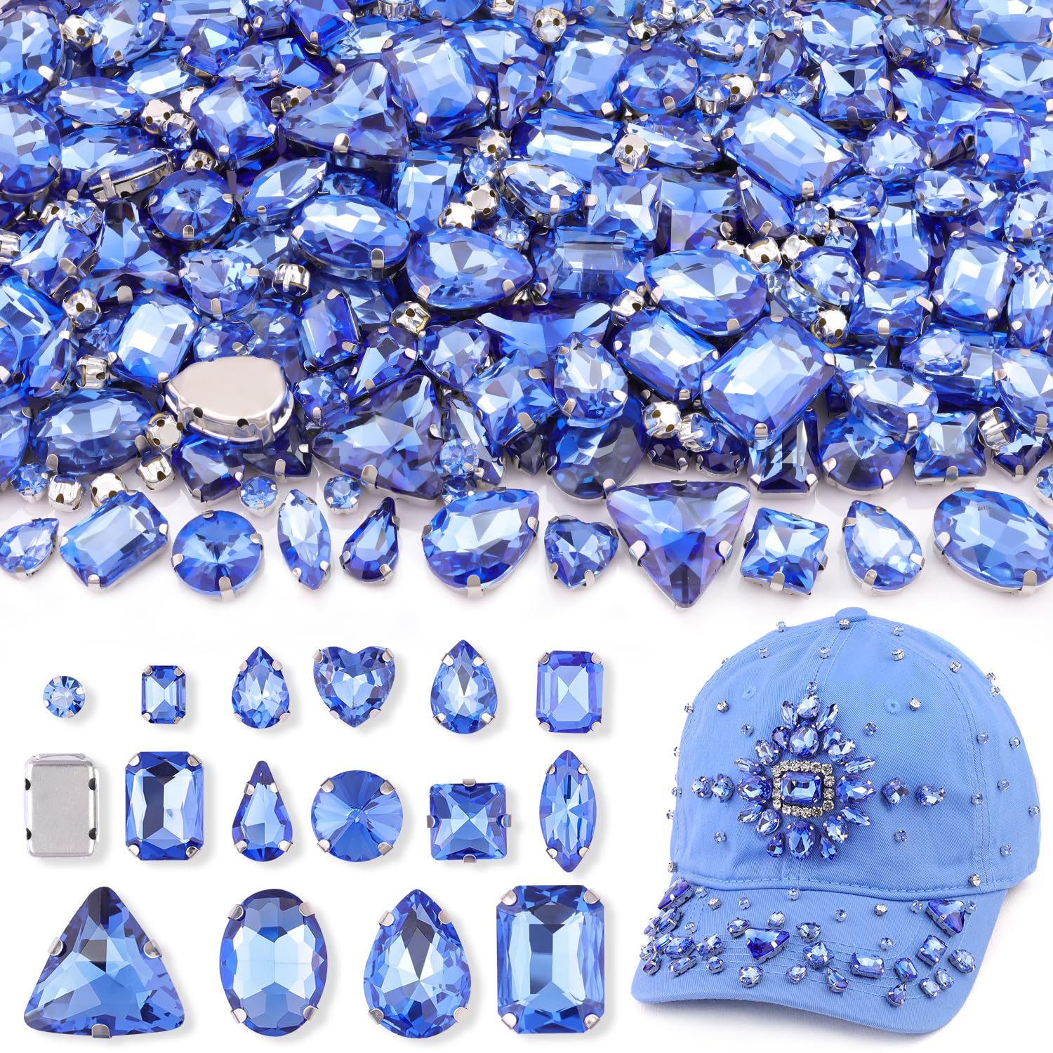 Photo 1 of 120 PCS Light Blue Bedazzling Sew on Rhinestones, Mixed Shape Charms Claw Flatback Glass Rhinestone with Metal Base for Crafting, Large Gems for Clothes Shoes Hats Collars Bags & Sewing Accessories