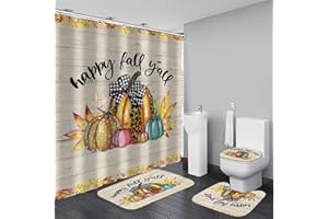 DDQQ Autumn Thanksgiving Shower Curtain Sets with Rugs 4 Piece Happy Fall Y'all Pumpkin Plaid Check Bathroom Decor Set with Non-Slip Rugs Toilet Lid Cover and Bath Mat Farmhouse Bathroom Shower Set