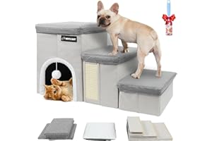 WN'S DAY Dog Stairs for Bed Couch Folding with Storage, Dog Stairs for Small Dogs to Get On Bed with Cat Condo, Steps for Large Medium Dogs, Old Cat Pet Stair Steps for High Beds 17.2" H, Pet Ramp Up to 220LBS