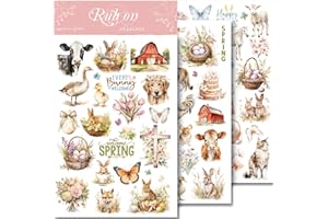 CATAIREEN Spring Easter Crafts Rub On Transfers Sticker Vintage Floral Farm Rabbit Cow Decal DIY Egg Cute Bunny Use for Fabric Clay Paper Wood Holiday Scrapbooking Embellishments (Larger 3 Sheets)