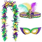 Haakong 3 Pieces Mardi Gras Costume Accessories for Women Feather Boa Headpiece and Mask for Carnival Halloween Party Favor