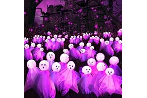 CHAOHUA Halloween Decorations Outdoor, Solar Scary Ghosts Lights, 2 Packs 12 LED Swaying Firefly Light & Ghost Decor, Waterproof Halloween Path Lights for Garden, Lawn, Patio, Yard, Party Decor, Purple
