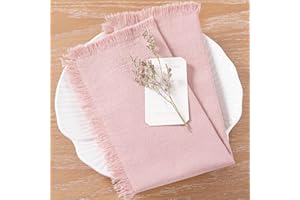 LINXTAR Handmade Cloth Napkins with Fringe 4 Pack 17''x17'' Thick Cotton Linen Napkins Soft Versatile Dinner Table Napkins for Parties Weddings Everyday Use - Dusty Pink