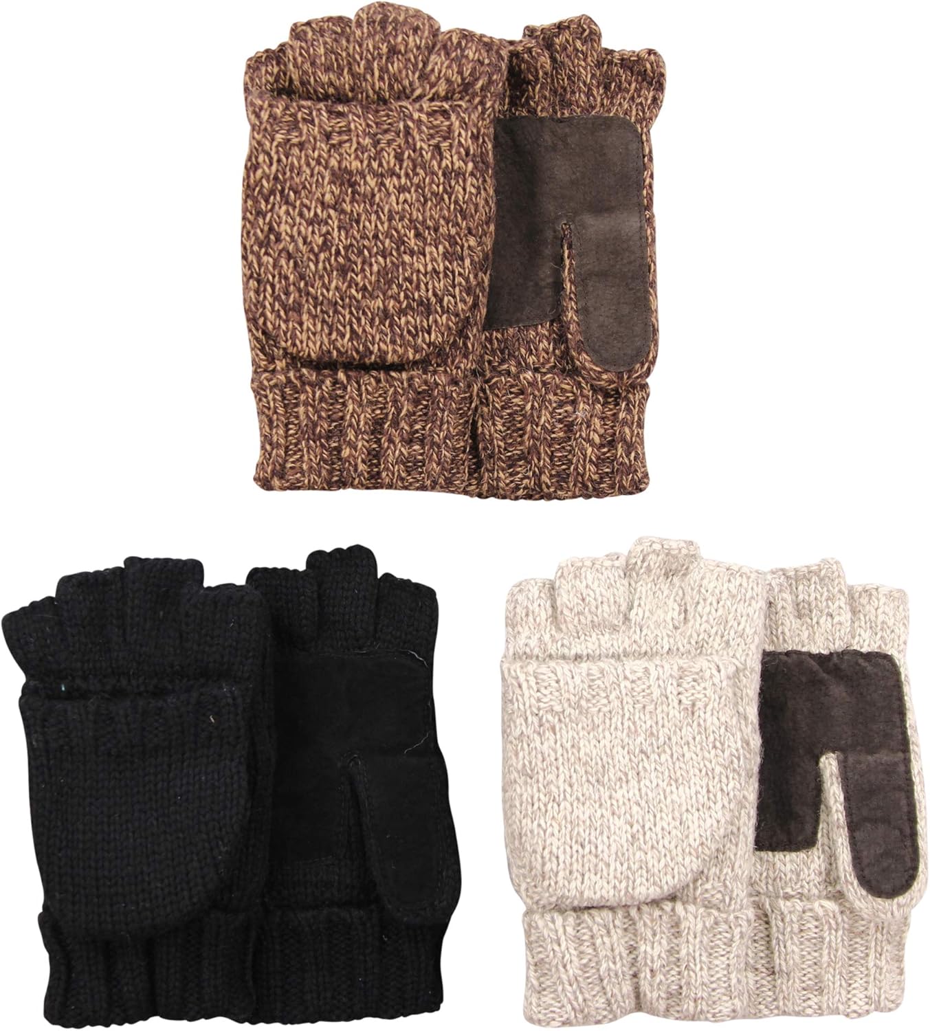Mens Fingerless Fleece Lined Convertible Mittens Gloves 3 Pack (3 Colors, Small/Medium) Amazon