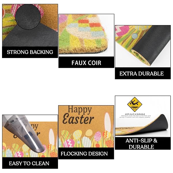 IZUS SPRING HAPPY-EASTER WELCOME-DOORMATS NON-SLIP-COIR OUTDOOR-ENTRANCE-DECOR – FRONT-DOOR-MAT INDOOR HOME PORCH COLORFUL-EGGS/BUNNY-EARS/TULIPS-FLORAL DECOR 17X29INCH