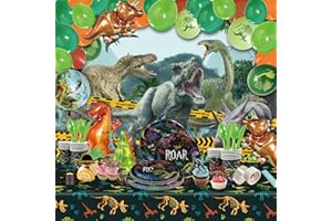 Party Spot! 149 pcs Dinosaur Birthday Decorations, 12 Tableware Sets, Balloon Garland, Backdrop, Hanging Swirls, Dinosaur Bir