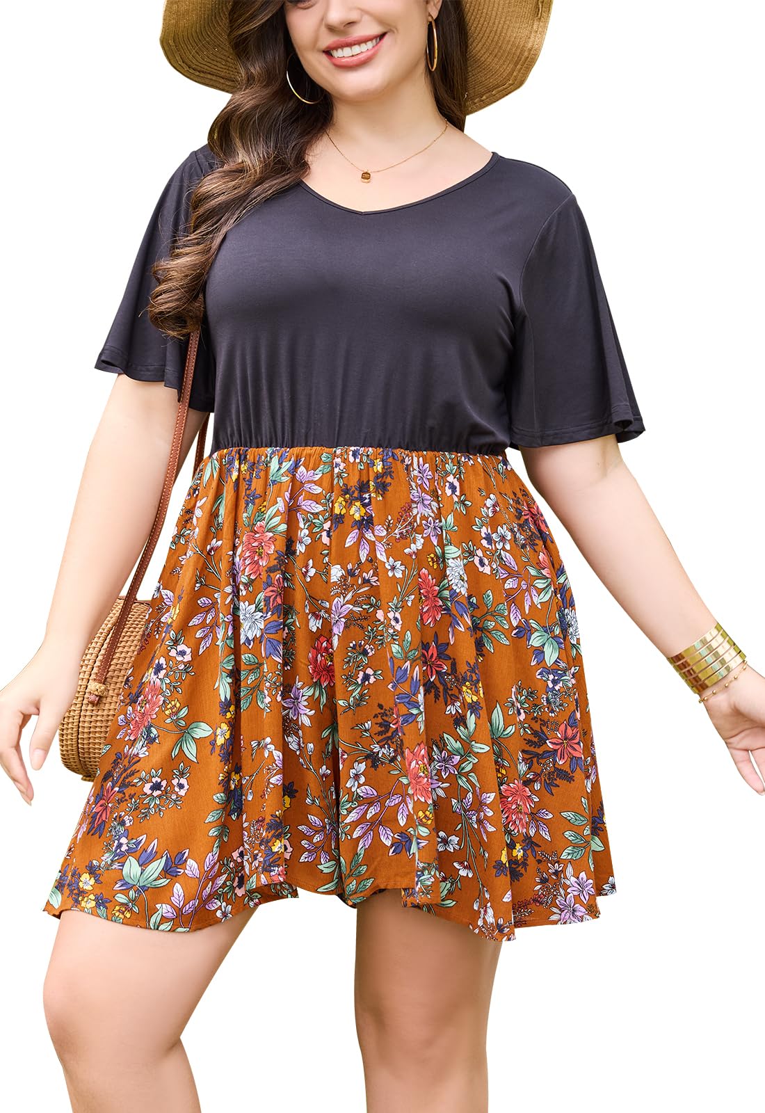 Photo 1 of (SIZE 18) Keluummi Plus Size Summer Rompers for Curvy Women, Casual Boho Floral V Neck Short Jumpsuit with Pockets(20 Plus, 01 - Brown Floral)