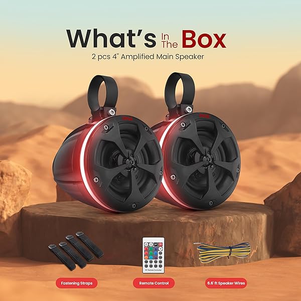 PYLE, MARINE SPEAKER SYSTEM, 800W, BLUETOOTH, WATERPROOF, RGB LIGHTS – 4″ ACTIVE & PASSIVE SPEAKERS FOR BOATS, ATVS, UTVS, INCLUDES MOUNTING ACCESSORIES, 2-CHANNEL CLASS D AMP, IP-X5 RATED