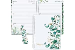 SUNEE 2024 Weekly and Monthly Planner - from January 2024 - December 2024, 8.5"x11" Daily Agenda Planner with Monthly Tab, Flexible Cover, Note Pages, Pockets, Bookmark, Spiral Binding, Greenery