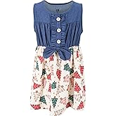 Unique Baby Girls Sleeveless Denim Dress with Knot Tie and Fun Print for Toddler and Big Kids