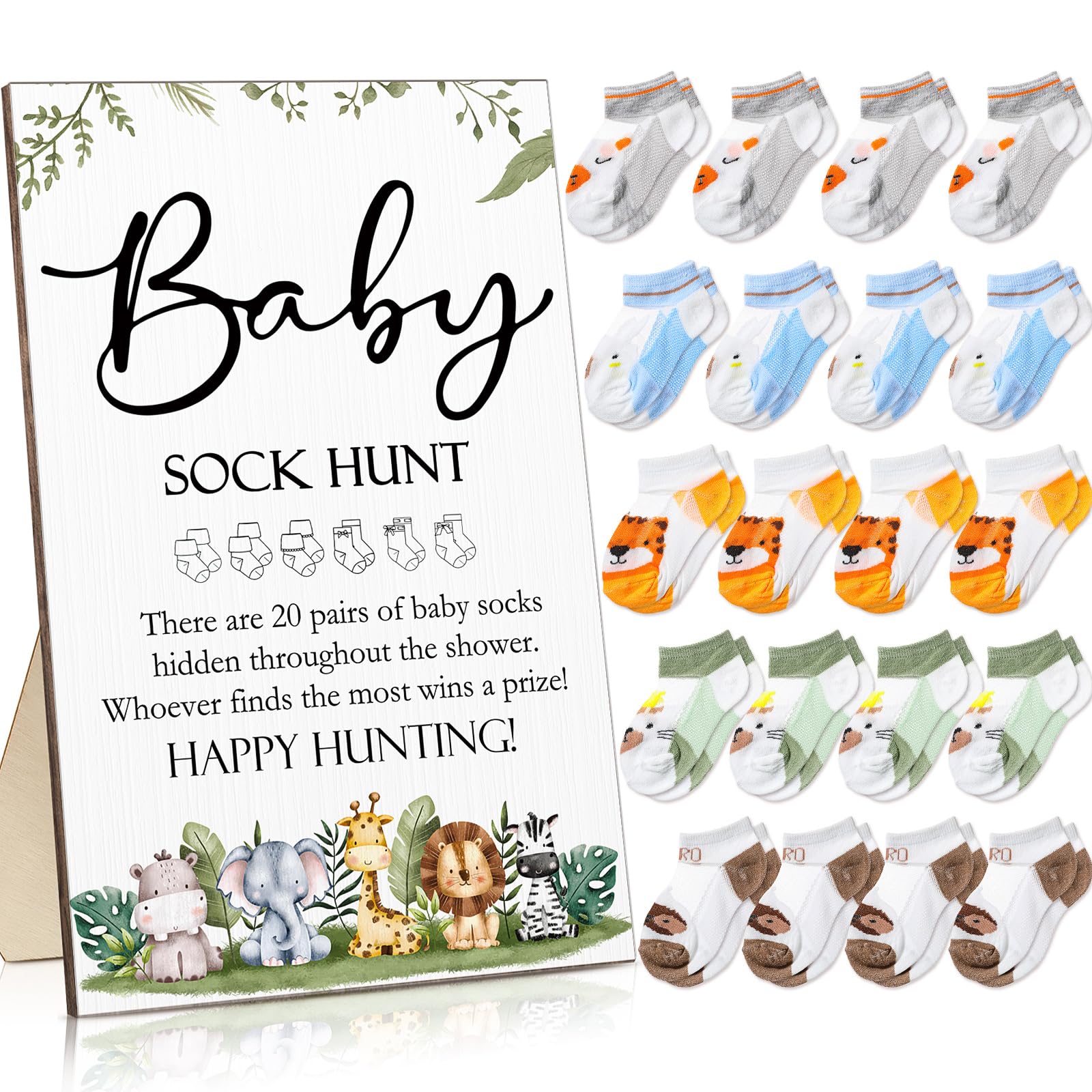 Photo 1 of Hoteam 21 Pcs Baby Shower Games Include Baby Sock Hunt Sign and 20 Pair Small Cotton Socks Wooden Table Sign with Holder for Boy and Girl Gender Reveal Party Favors(Animal Style)