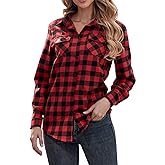 Oyamiki Womens Casual Cuffed Long Sleeve Boyfriend Button Down Plaid Flannel Shirt Tops