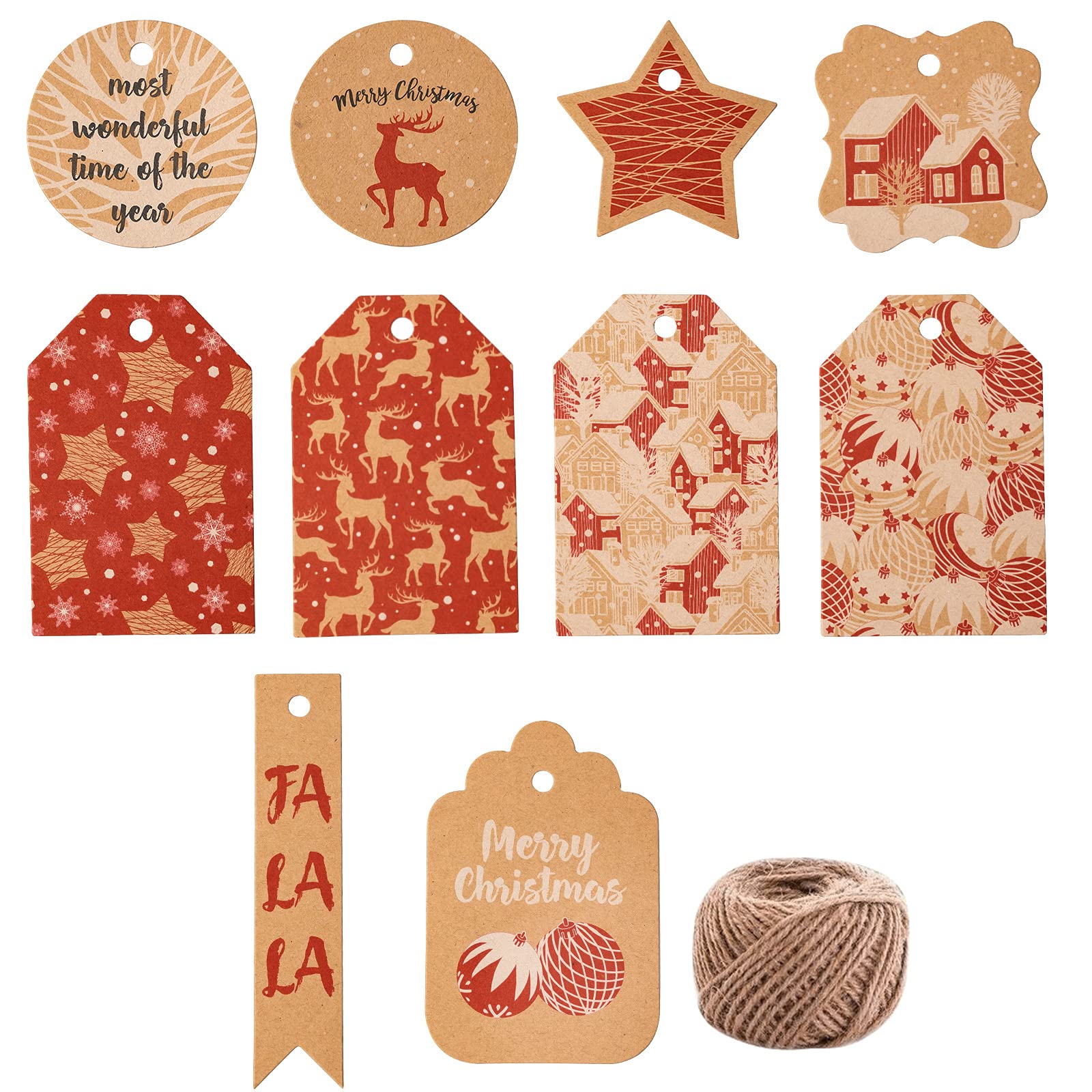 RUSPEPA Christmas Gift Tags Kraft Paper with Jute Twine - 100 Pieces - Red and White