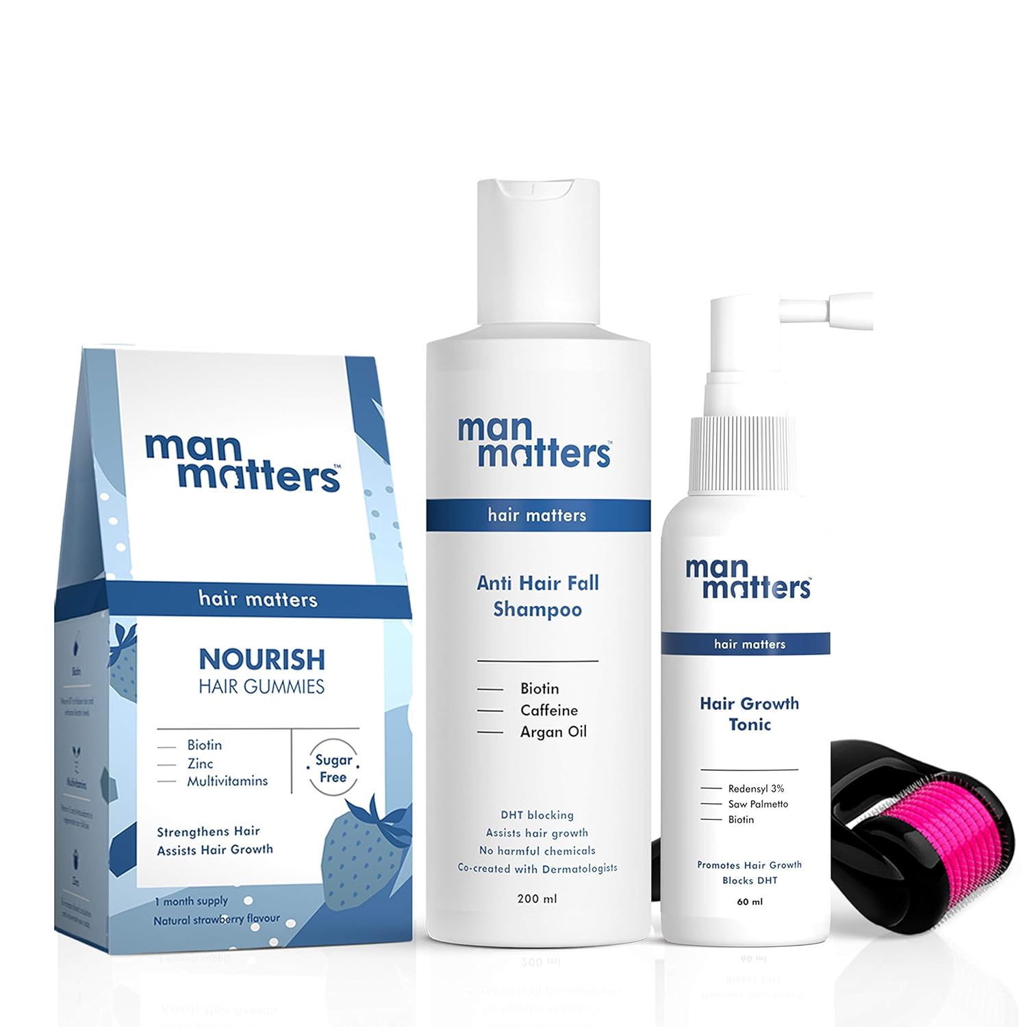 man-matters-complete-anti-hair-fall-kit-grow-hair-tonic-60ml-anti-hair-fall-shampoo-200ml-30-biotin-hair-gummies-activator-roller-with-05mm-needles