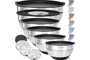 Priority Chef 6Pc Large Mixing Bowls with Lids Set with Non-Slip Bases, Stainless Steel Mixing Bowl Set, 6 Airtight Lids and 