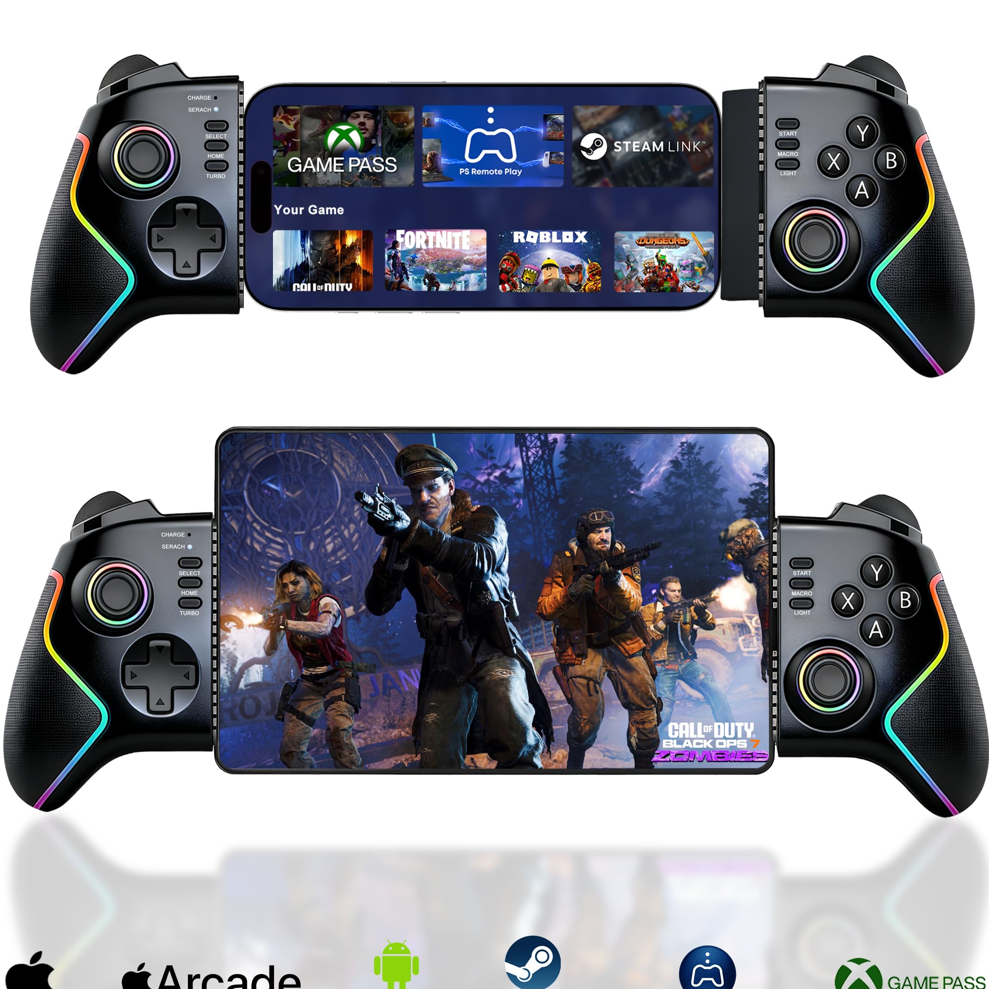 Megadream Phone Controller for iPad/Tablet (Up to 13in), iPhone Controller Android Gaming Gamepad Joystick with Hall Effect Joysticks/Trigger/Macro/Turbo/RGB Light, Xbox/PS5/PS4/PC Streaming, Cloud Game