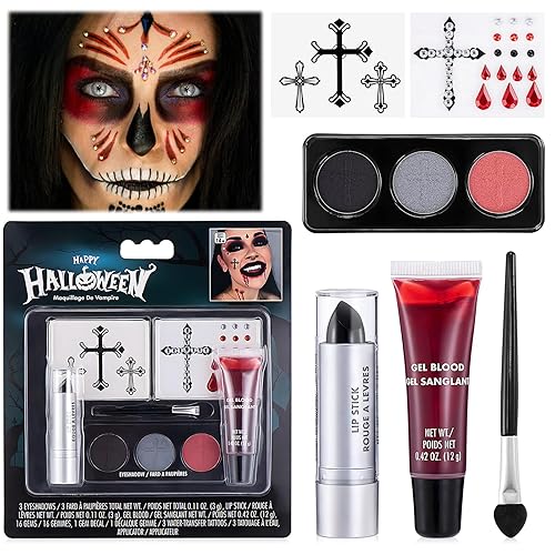 ALLONY Halloween Face Paint Kit, Fake Blood, Sfx Makeup, Face Painting Kit, Halloween Black Lipstick EyeShadow Rhinestones, Body Paint for Skeleton Zombie Clown Makeup Fancy Dress Festivals