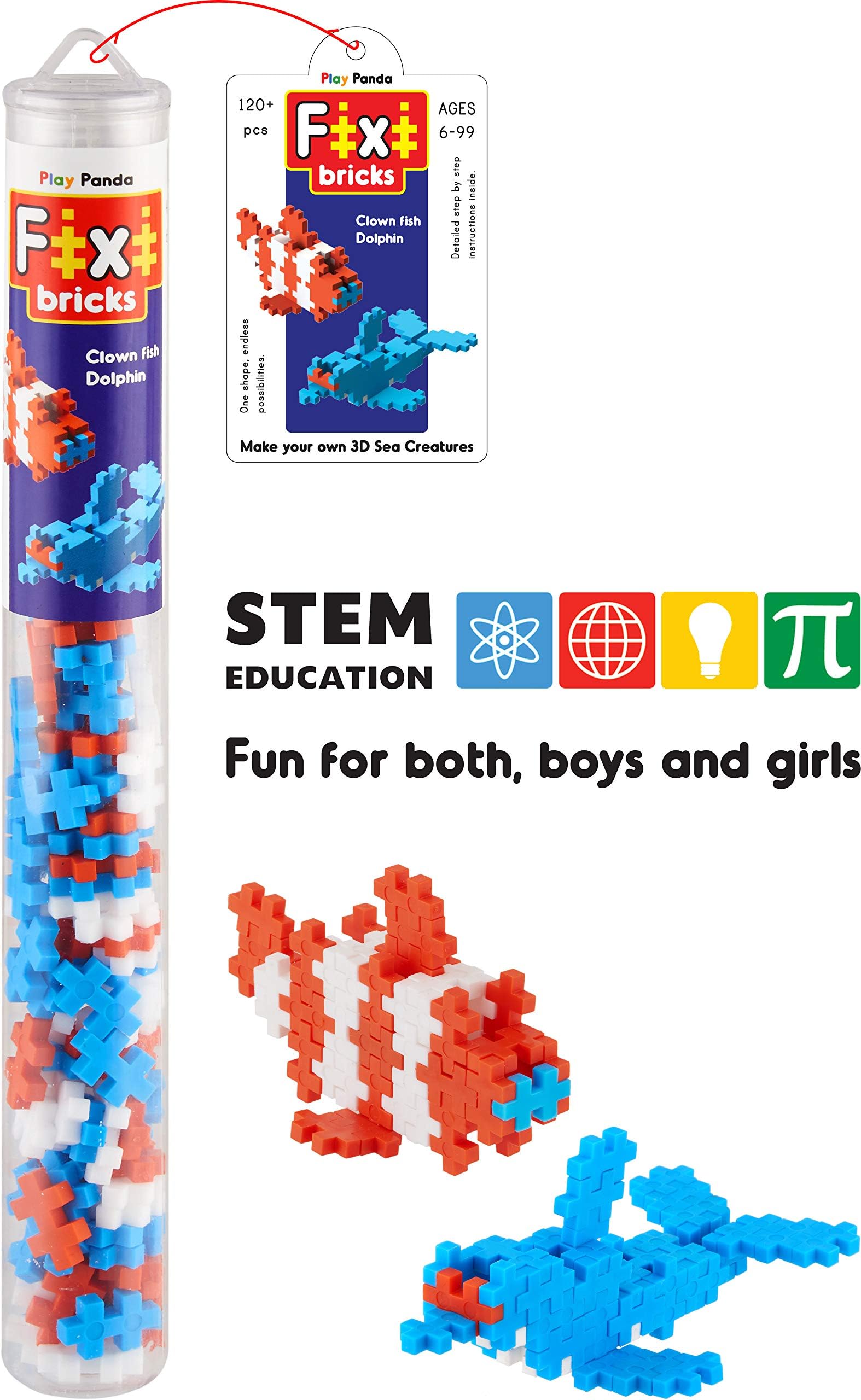Play Panda Fixi Bricks Aqua Tube 1 - Dolphin and Clown Fish - with 120 pcs, Detailed Assembly Instructions and Storage Tube - Small Parts (Age 6-99 yrs)