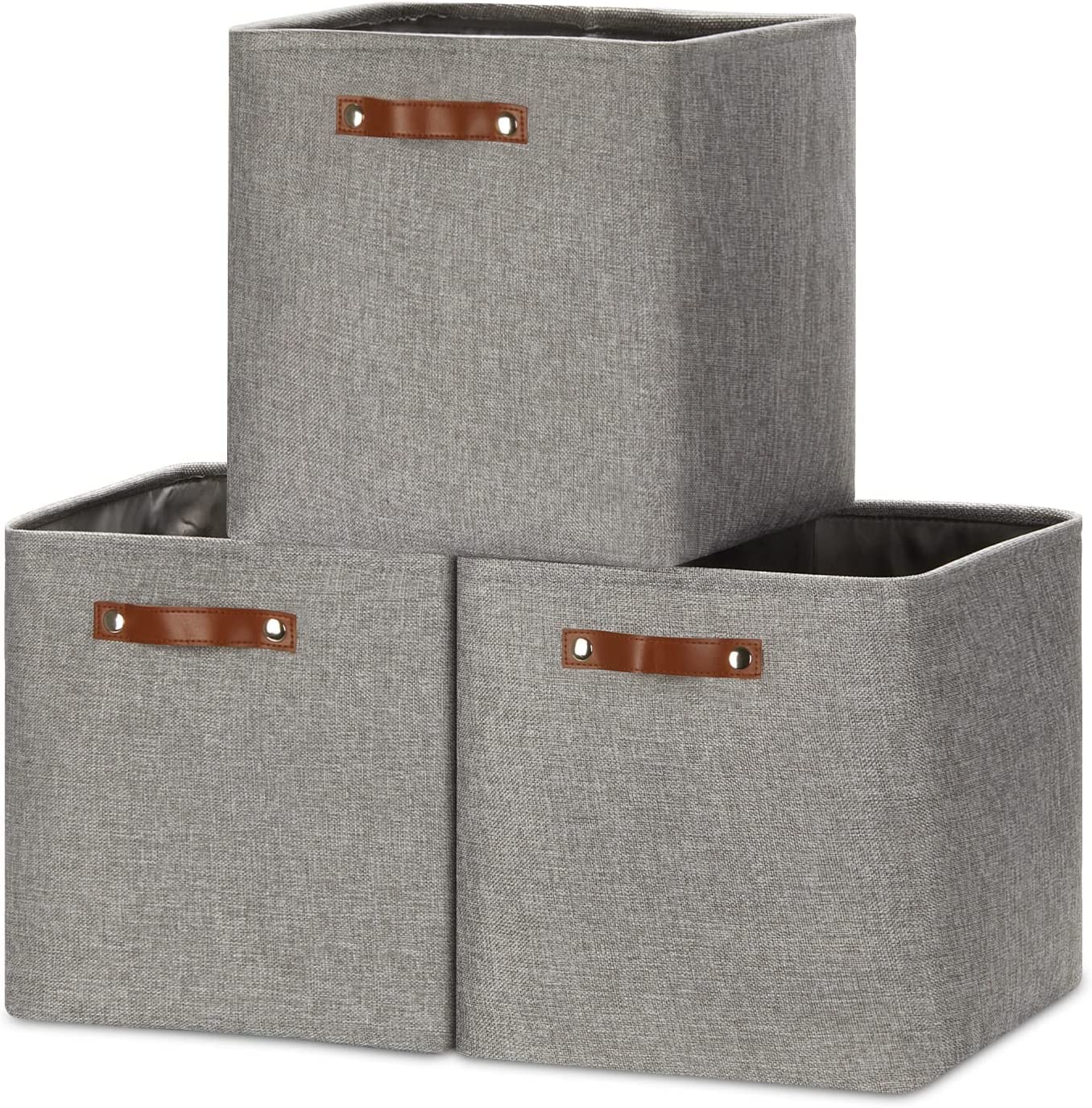 Mangata Collapsible Storage Cube Boxes, Linen Woven Fabric Storage Baskets, Cube Closet Organizer with Leather Handles (Grey)