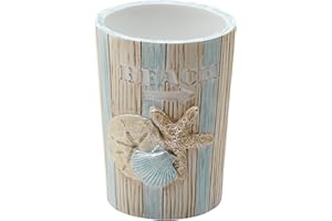 Zenna Home Seaside Serenity Bathroom Tumbler with Carved Resin Design, Cotton Swab Holder or Jewelry Holder for Bathroom Decor with Hand-Painted Shells, Teal/Ivory
