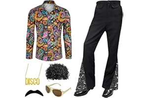 6 Pcs 70s Outfits for Men Disco Outfit Retro Costume with Bell Bottom Pants