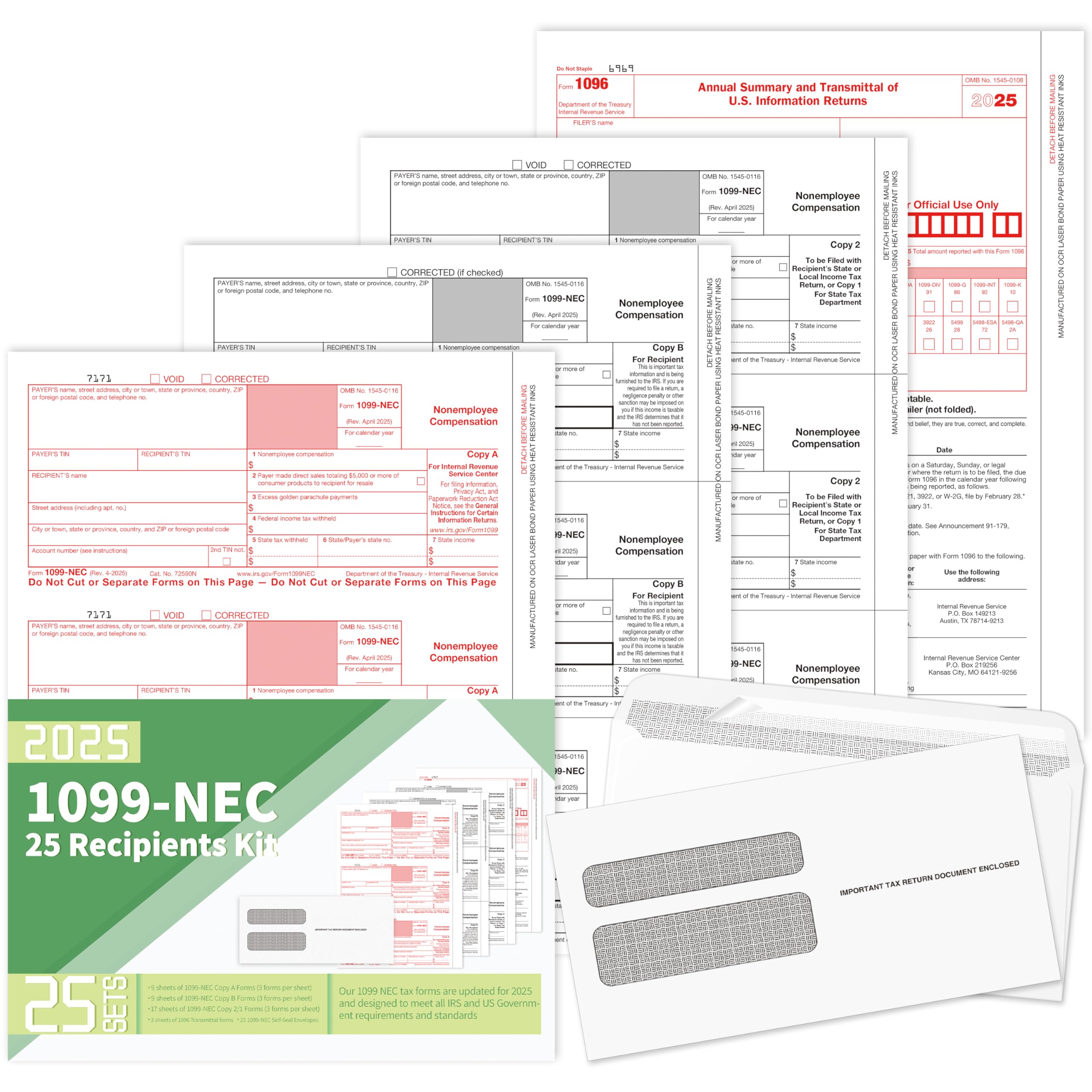 Photo 1 of 1099 NEC Forms 2025,1099 NEC Forms 2025 with Envelopes,Vendor Kit of 25 Laser Forms,1099 NEC Tax Forms,4 Part Tax Forms Kit,25 Self Seal Envelopes with 3 1096 Included
