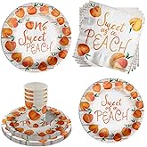 One Sweet Peach 1st Birthday Party Supplies - 64 Piece Girls First Birthday Tableware Set Includes Large 9" Dinner Plates and 8" Dessert Paper Plates Napkins Cups - Kit for 16