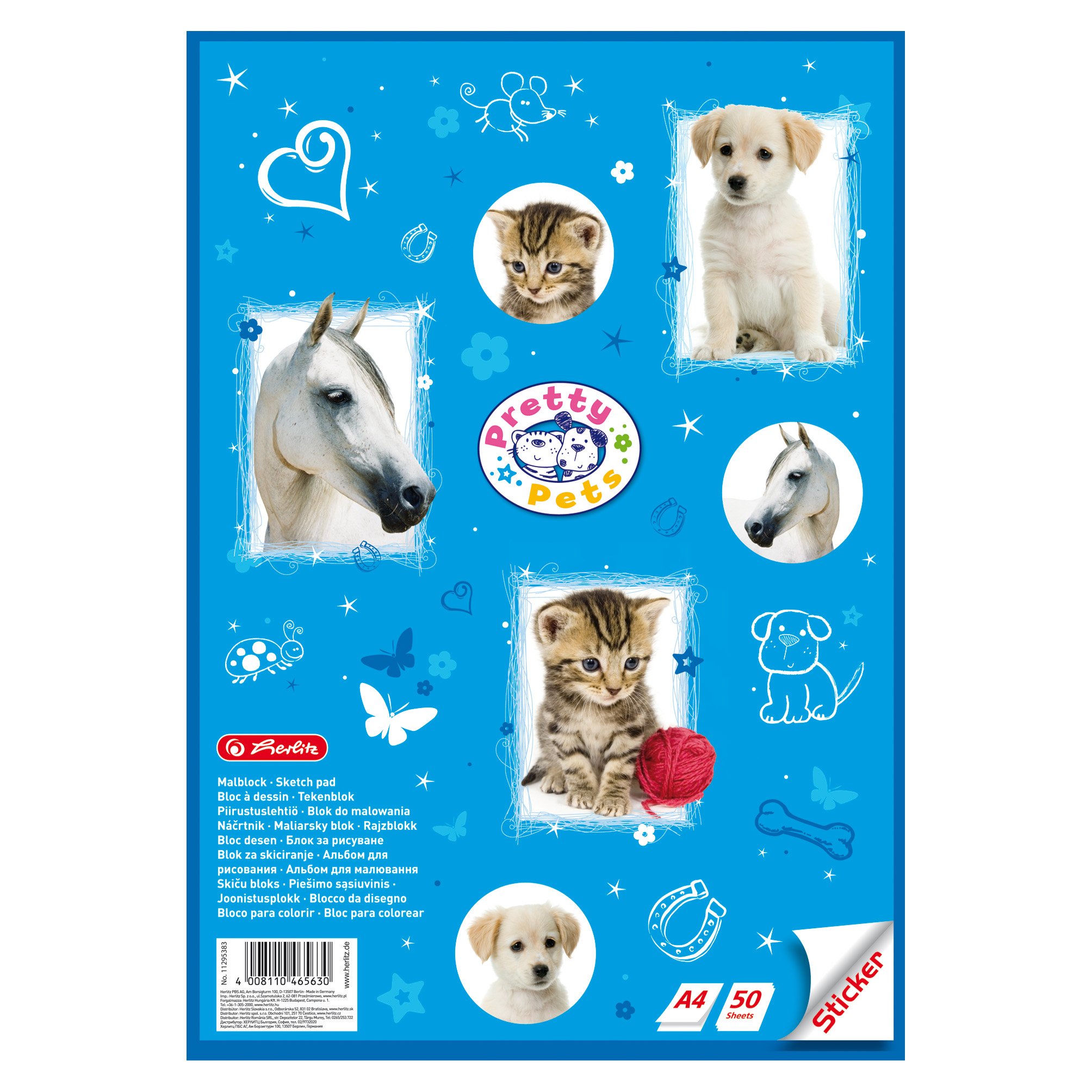 Herlitz Drawing Pad with Sticker Sheet A4, Pretty Pets, 5–Pack