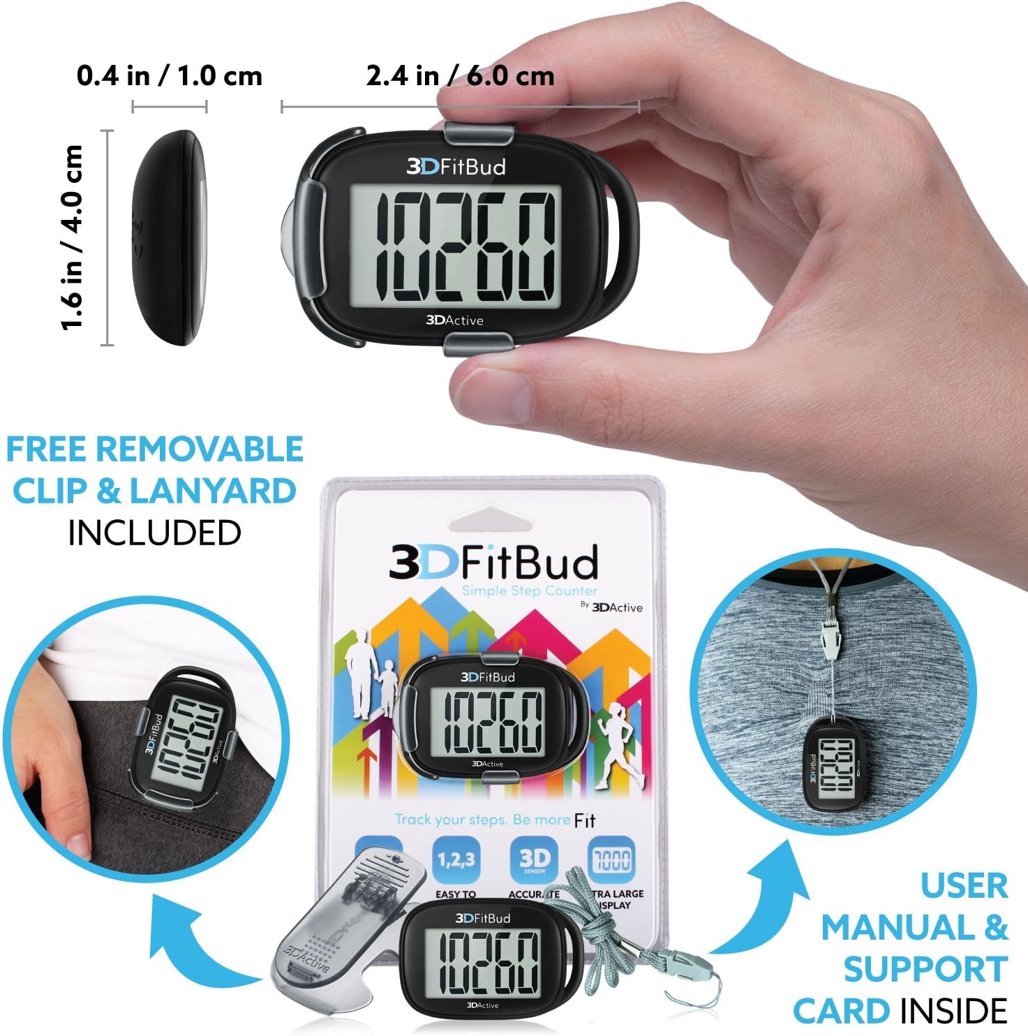 3DFitBud Simple Step Counter Walking 3D Pedometer with Lanyard, A420S (Black with Clip) : Sports & Outdoors