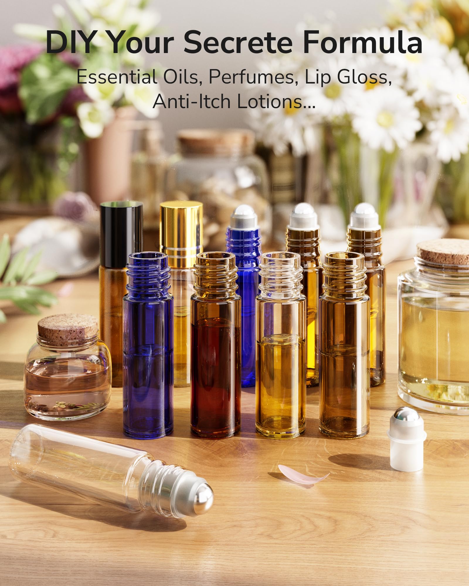 ULG 48-Pack Essential Oil Roller Bottles 10ml, Empty Bottles with Stainless Steel Roller Balls and Waterproof Labels, Amber Roller Balls For Essential Oils