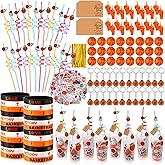 Weysat 268 Pcs Basketball Party Favors Sets for 24 People Birthday Gifts Goody Cups with Straws Key Chains Whistles Silicone Wristbands Stickers Thank You Tags for Party Supplies (Basketball)