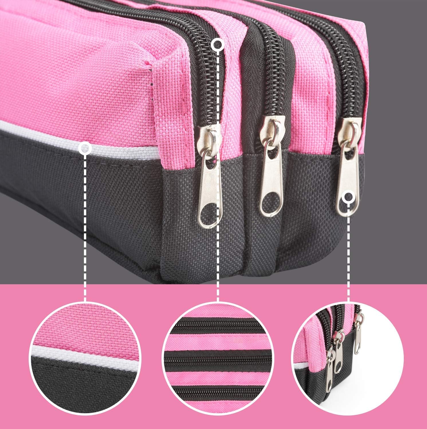 ARPAN Triple Zip Rectangular Large Fabric Pencil Case - School Make-Up (Pink), 25cm x 9cm x 8cm - Image 4