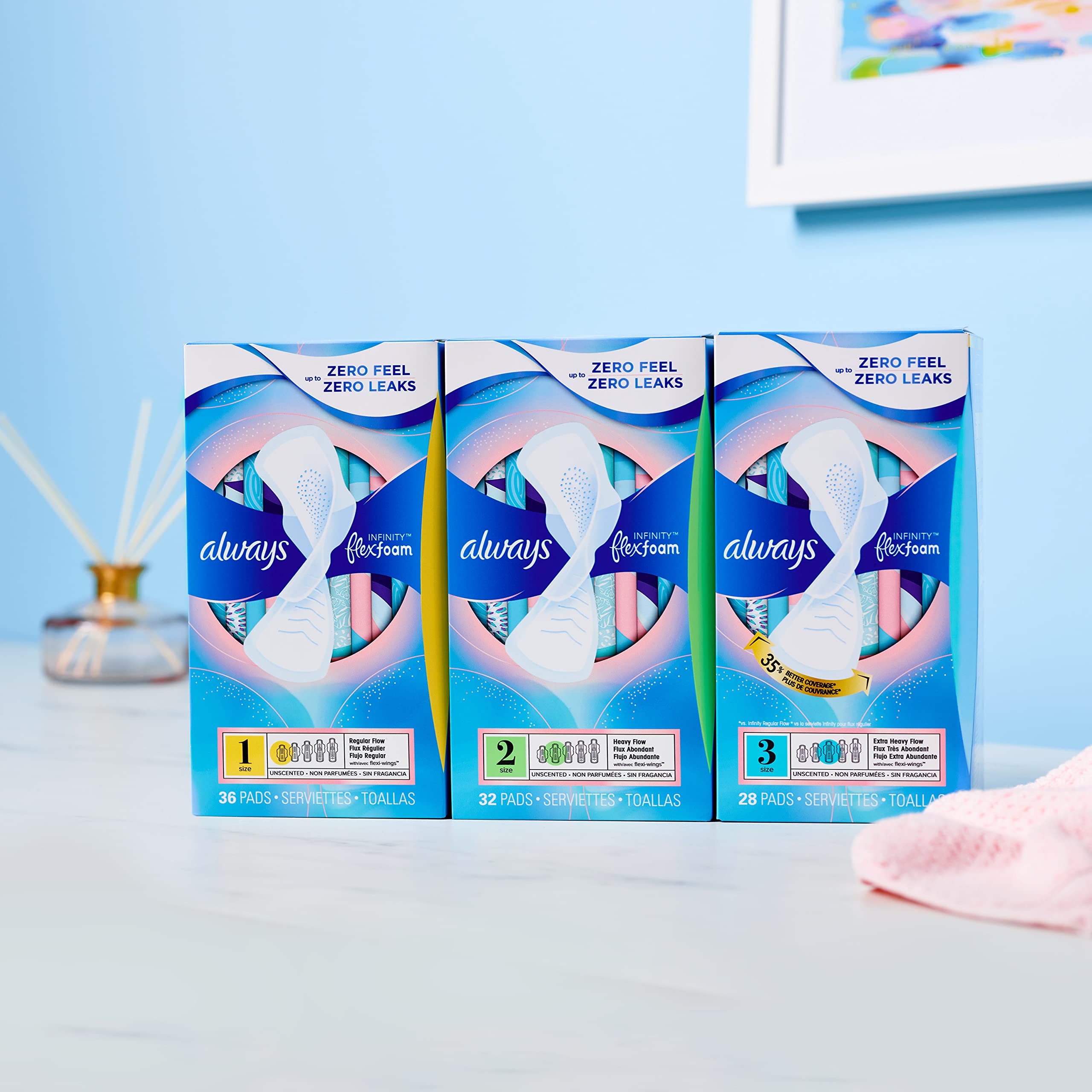 Always Infinity Feminine Pads for Women, Size 2, Heavy Flow Absorbency, with Wings, Unscented 96 Count (3 Packs of 32)
