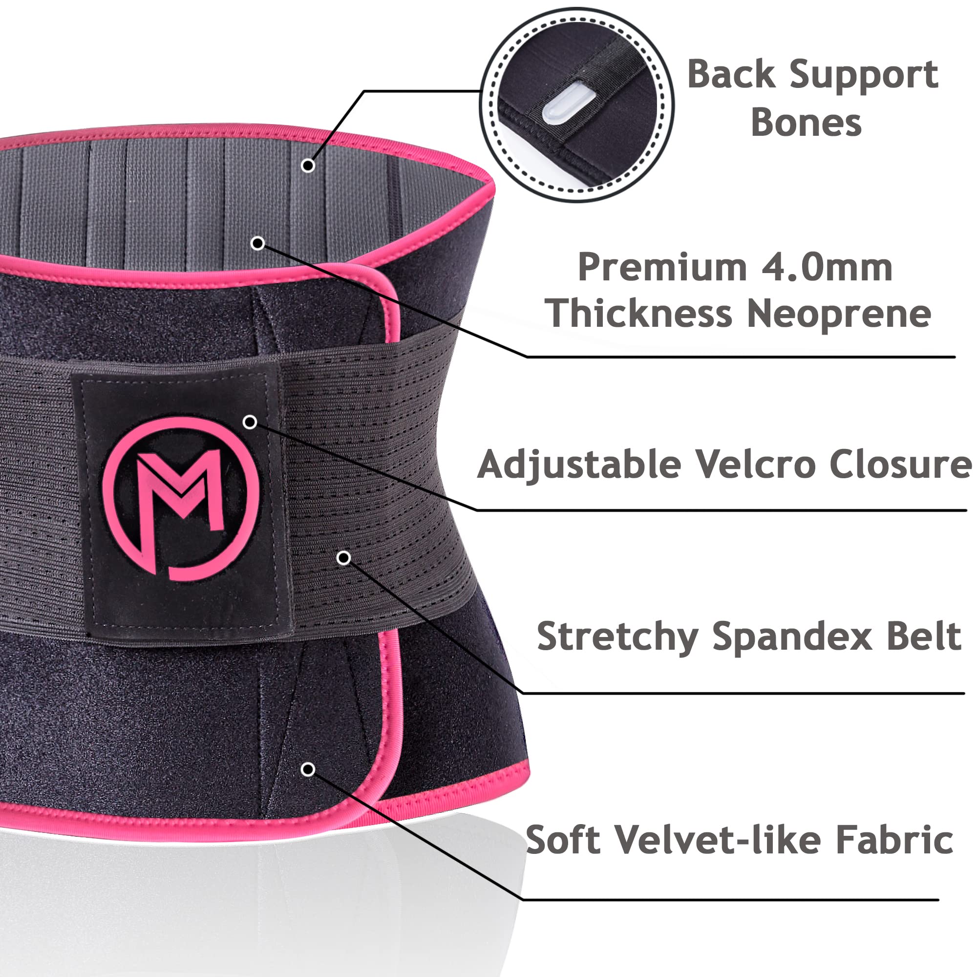 MERMAID\'S MYSTERY Waist Trimmer with Back Support Bars - Sweat Enhancing Fitness Belt for Men & Women - Extra Core Comfort & Premium Quality - Pink S