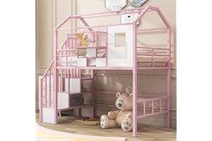 BOVZA Twin Size House Loft Bed with Stairs and Roof, Kids Metal Low Loft Bed Frame with a Storage Box and Saftey Guardrails for Teens Girls, Pink+White