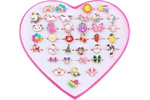 Klorify Cute Kids Rings for Girls - 36PCs Christmas Unicorn Mermaid Flower Animal All in 1 - Adjustable No Duplication Colorful Enamel - Birthday Dress Up Childrens Costume - Pink Heart Box