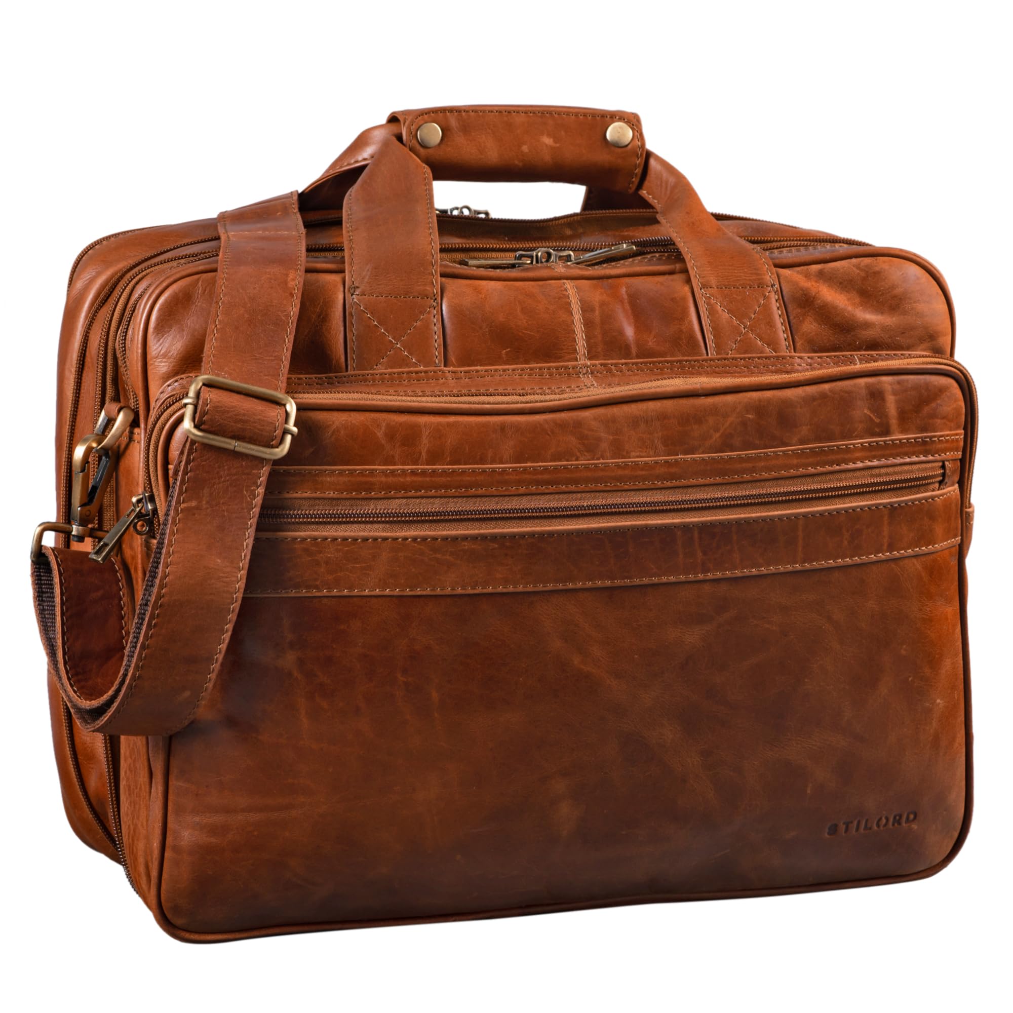 STILORD 'Leopold' Large Leather Bag/Shoulder Bag XXL Work Bag/College Bag/Teachers Bag Satchel Business Bag Genuine Leather, Colour:Shiny Cognac Brown