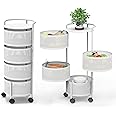 JAQ Rotating Storage Shelves Rack for Kitchen, 4-Tier Multi Layer Removable Basket Shelf Organizer on Rolling Wheels for Fruit Vegetable Grocery Corns Potato Onion (4-Tier, White)