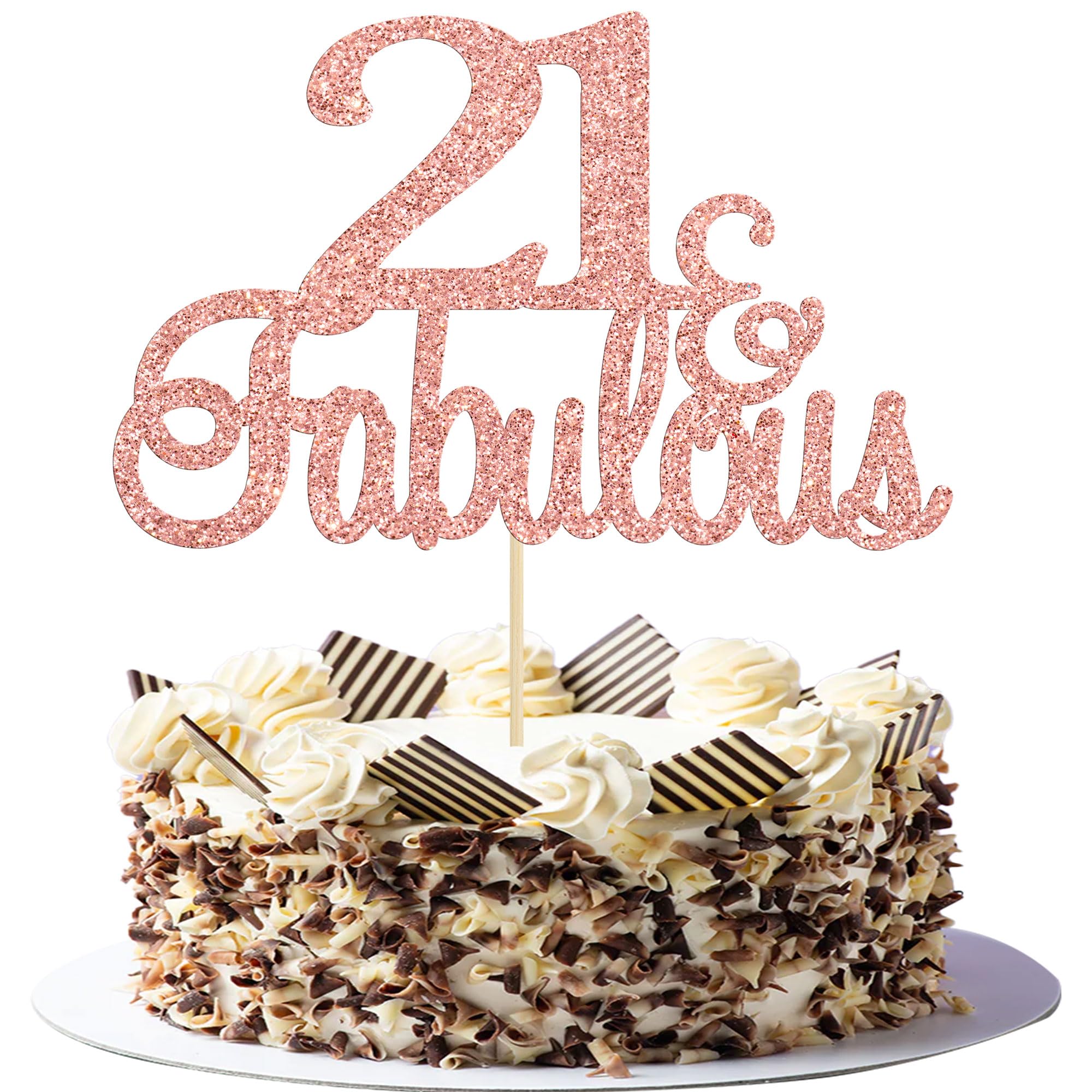 Gyufise 1Pcs 21 & Fabulous Cake Topper Rose Gold Glitter Cheers to 21st Fabulous Cake Toppers Happy 21st Birthday Cake Pick for 21st Wedding Anniversary Birthday Party Cake Decorations Supplies