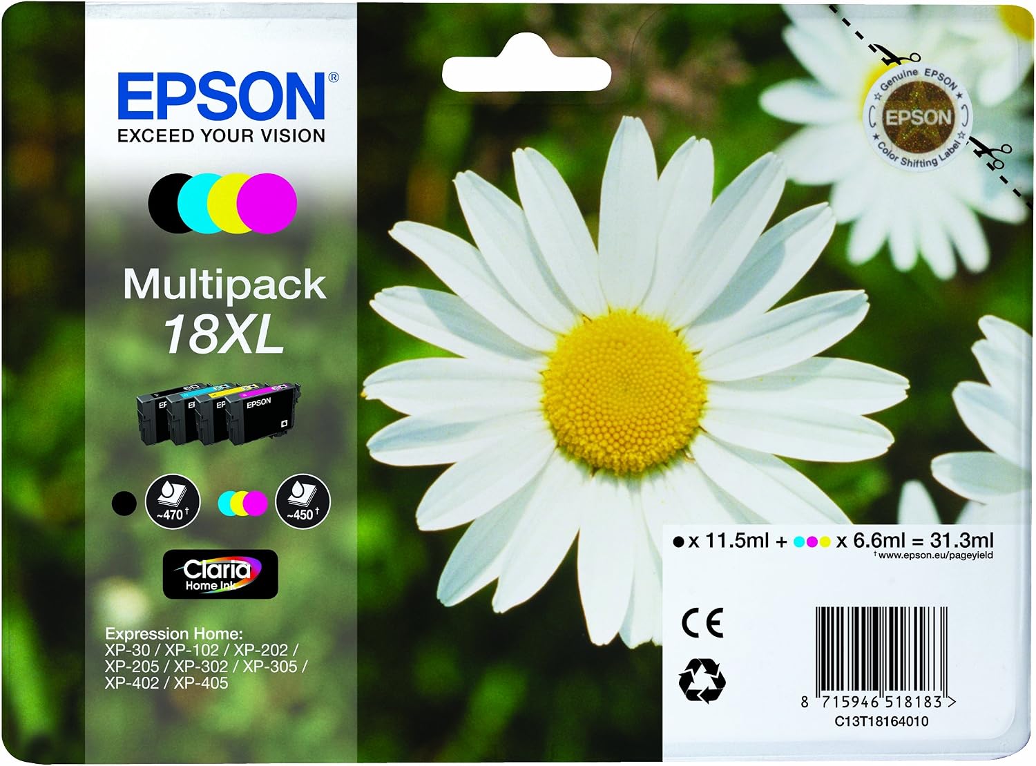 Epson 18XL Daisy High Yield Genuine Multipack, 4-colours Ink Cartridges, Claria Home Ink, 4 Colour C/M/Y/Blk