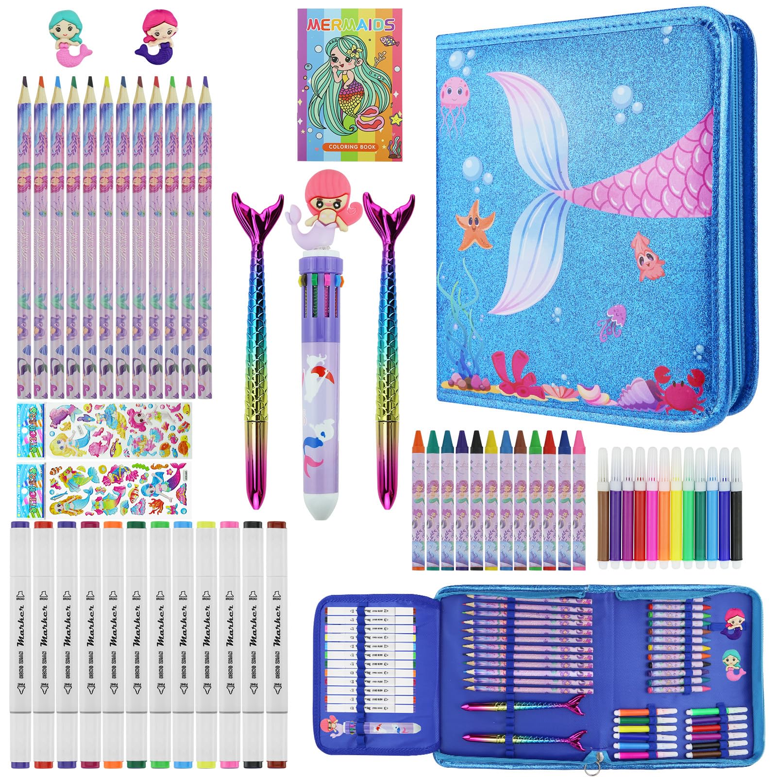 Alljia 59pcs Markers Set with Glitter Mermaid Pencil Case, Art and Craft Supplies Kit for Kids, Mermaid Gifts for Girls 4-9 Year Old, for Birthday