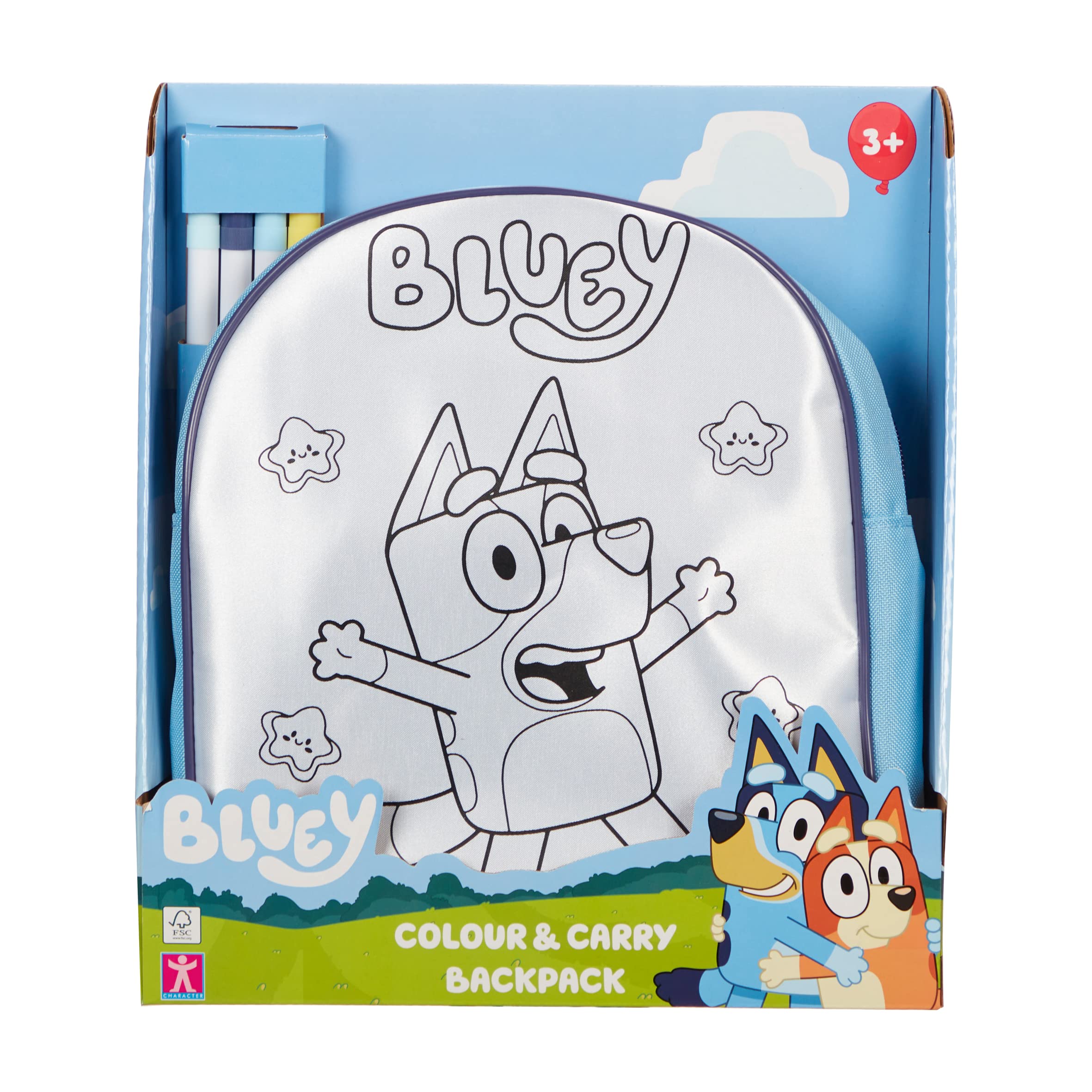 BLUEY COLOUR AND CARRY BACKPACK, INCLUDES 4 PENS, CREATIVE TOY, BLUEY TOY AND ACCESSORIES