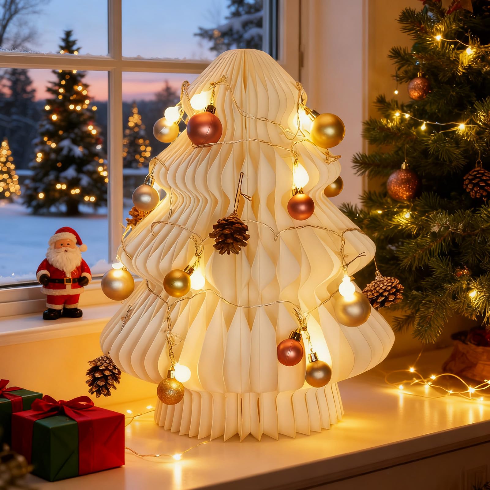 Photo 1 of 16.5 inch White Christmas Tree with Lights Paper Christmas Tree Xmas Decorations Indoor Honeycomb Table Centerpiece with Hanging Balls Pine Cones for December Holiday Home Office Party Supplies