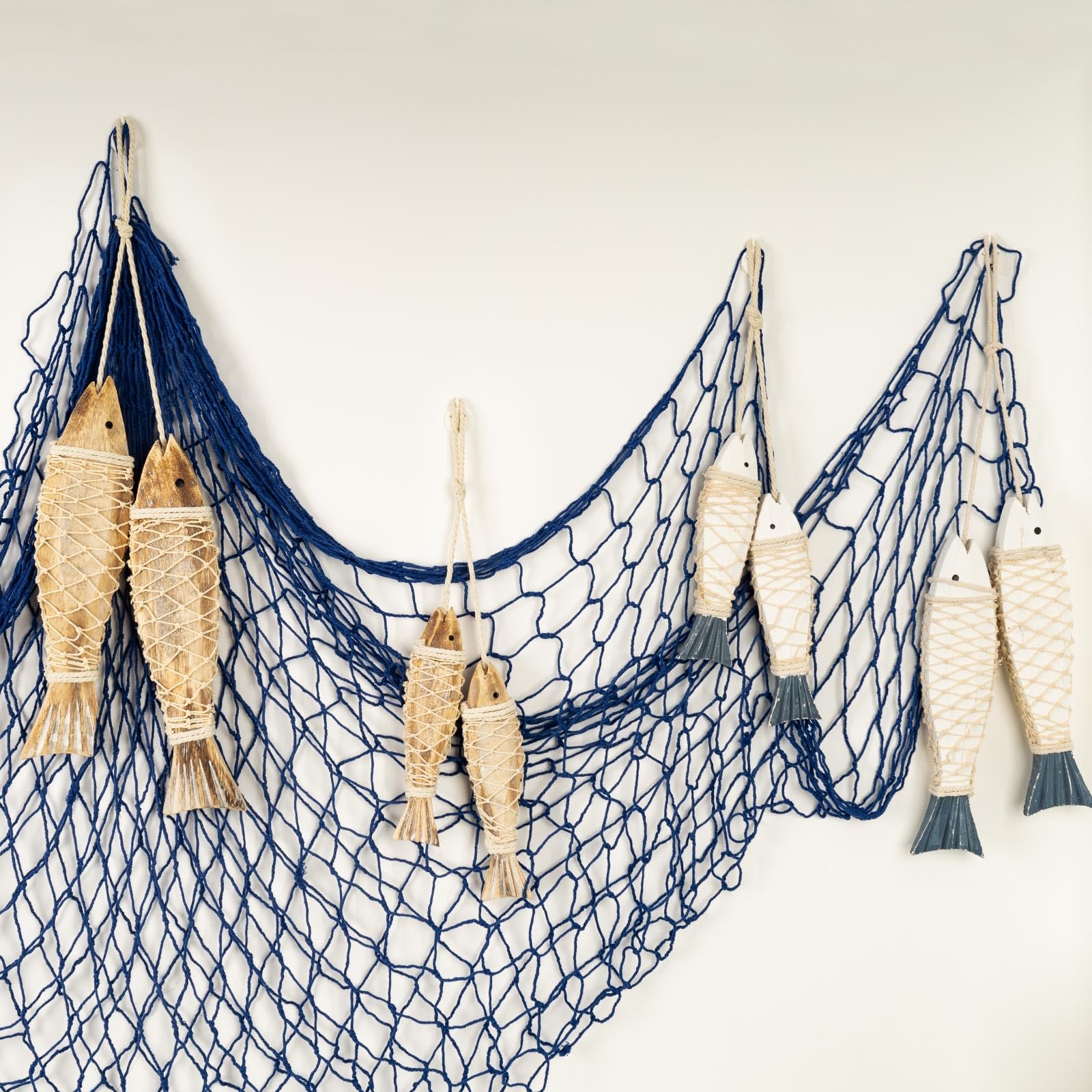 Photo 1 of 8 Pack Hand Carved Antique Wood Fish Sculpture Decor Ornament with Fishnet, Wooden Nautical Beach Theme Wall Art Hanging Fishing Net Decorations for DIY Party, Lake House, Bathroom Bedroom Blue