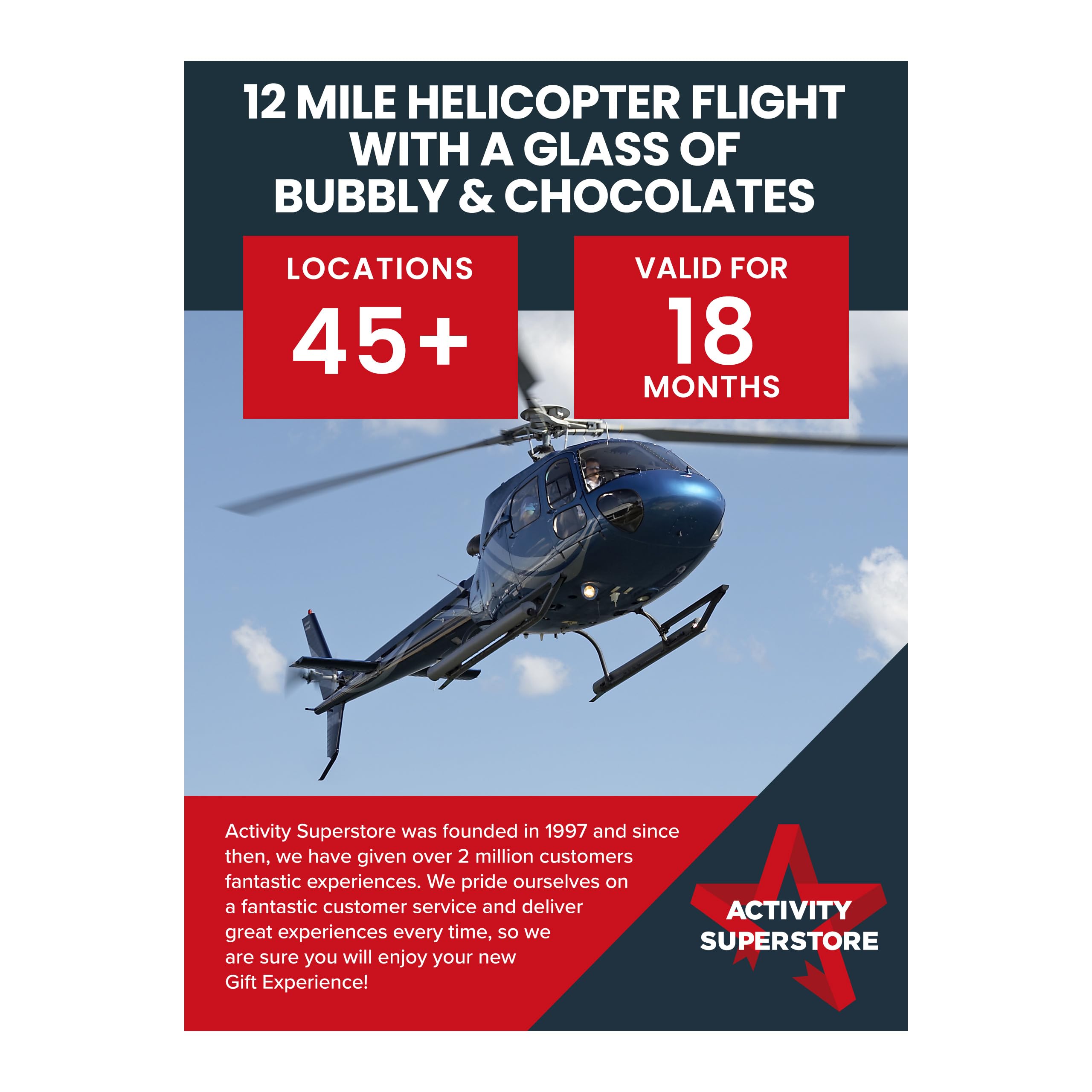 Activity Superstore 12 Mile Helicopter Flight with a Glass of Bubbly & Chocolates Gift Experience Voucher, Available at 45+ UK Locations, Experience Days, Helicopter Gifts, Birthday Gifts