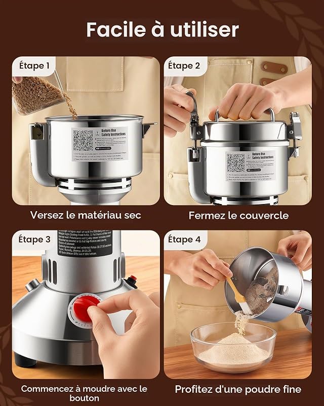 Moulin à Épices Électrique 300 g, Broyeur à Grains Commercial 1500 W Haute Vitesse, Moulin à Farine en Acier Inoxydable, Type Droit, pour Moudre Rapidement Céréales Épices Herbes Poivres