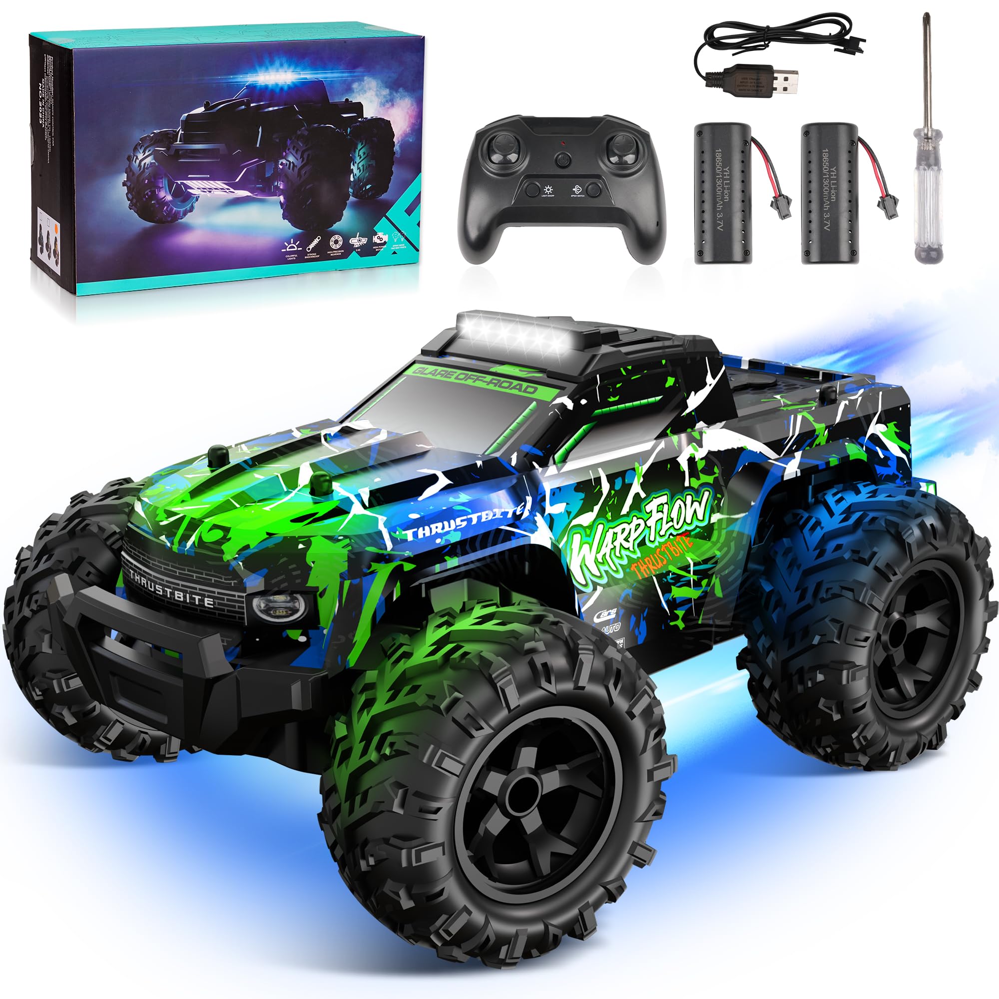 JOYTREKY Remote Control Cars - 1:18 Rc Car HighSpeed 25KMH+ LED Light with Spray 2.4GHz All Terrain Off Road Truck Toys 2 Rechargeable Batteries 60 Min Playtime Fast Racing Toy for Kids Adults - Green — image 1