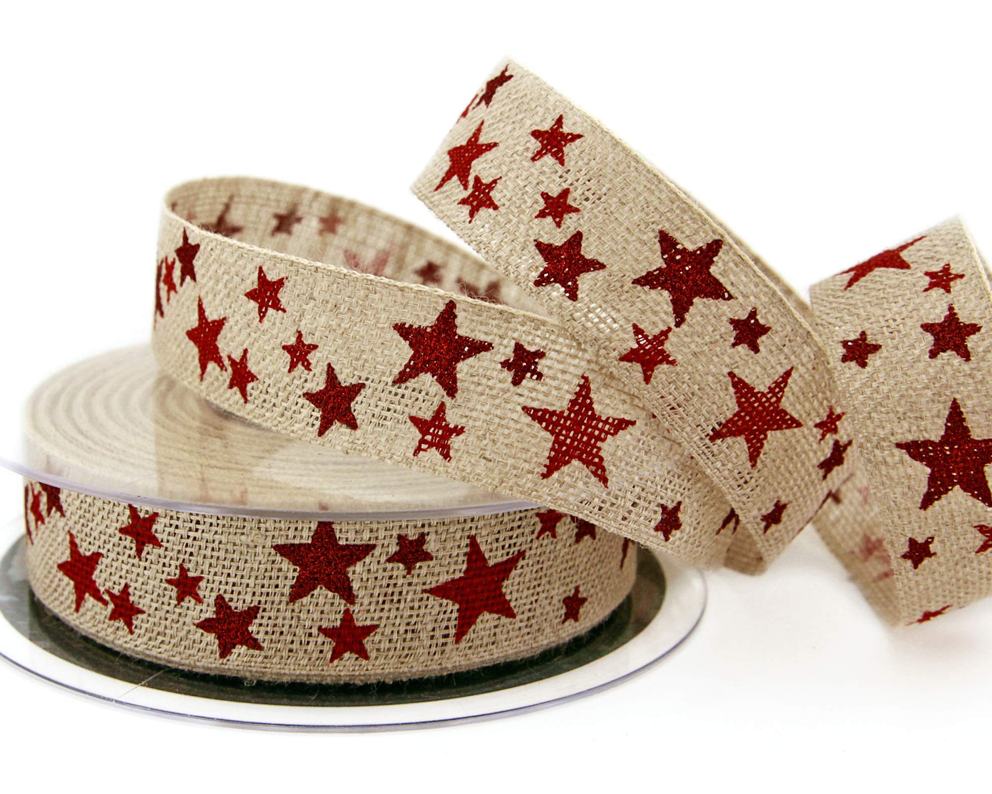 15 m x 25 mm Decorative Ribbon Country Stars Natural Red Gift Ribbon Natural Linen Fabric Ribbon Country House Christmas with Stars