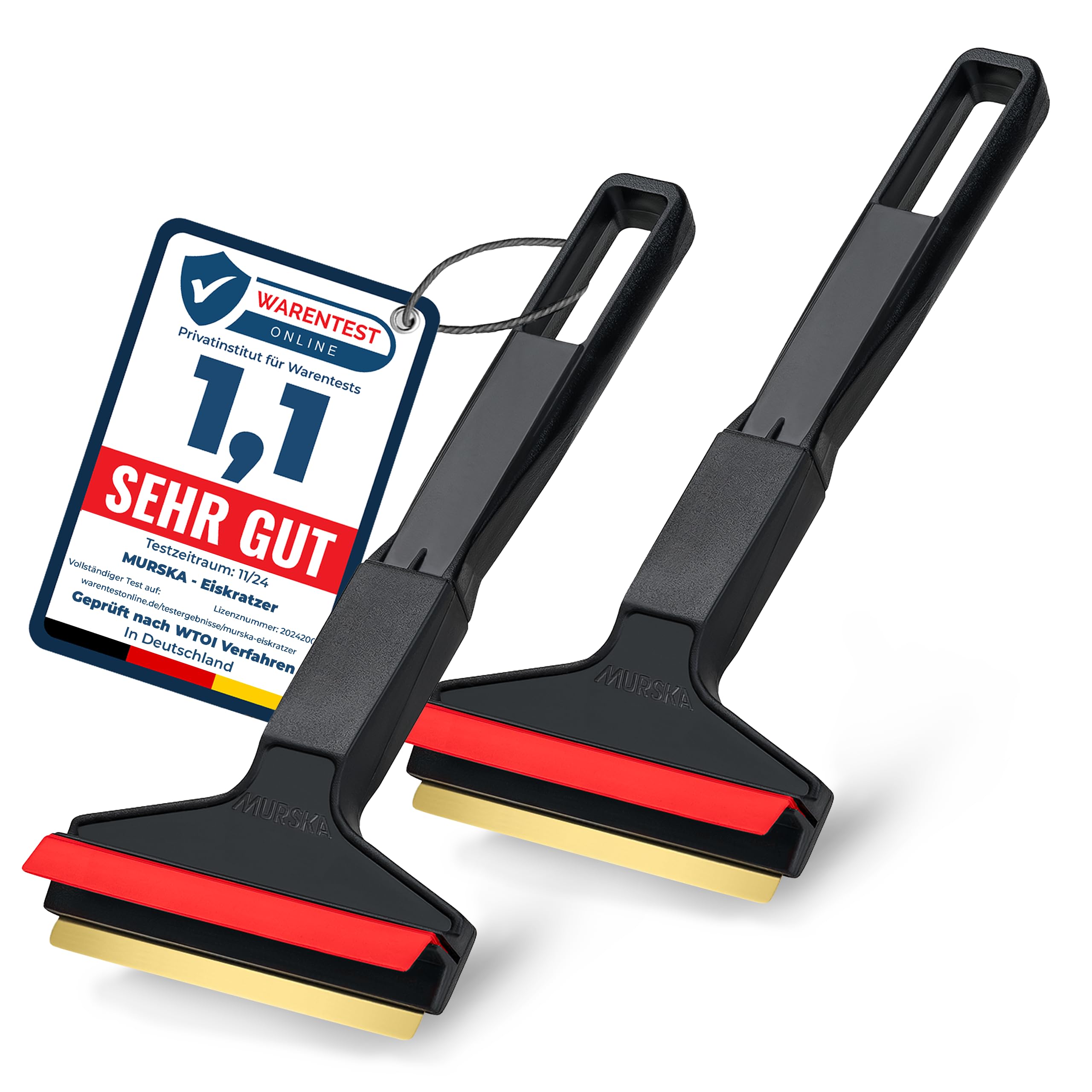 2 Ice Scraper for Car Windscreen 21cm - Brass Car Ice Scraper - fast, effortless & easy - Premium HIPS - Murska Brass Blade Windscreen Scraper for Car Window Scrapper Squeege (2x Black - Red)